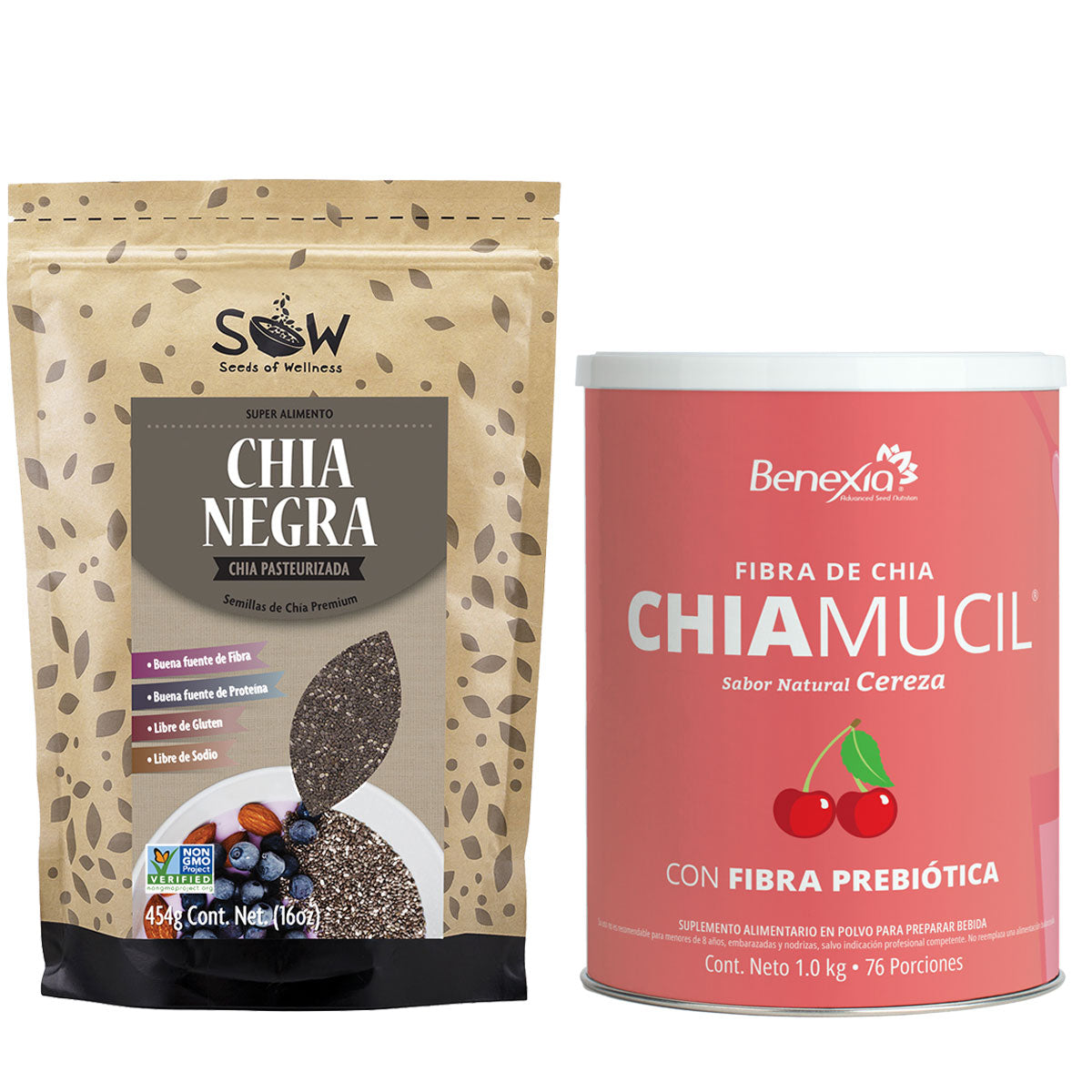 Pouch SOW Chia Negra 454G y bote rojo ChiaMucil Cereza 1kg. Semillas de chía y cerezas en empaques beige y rojo.