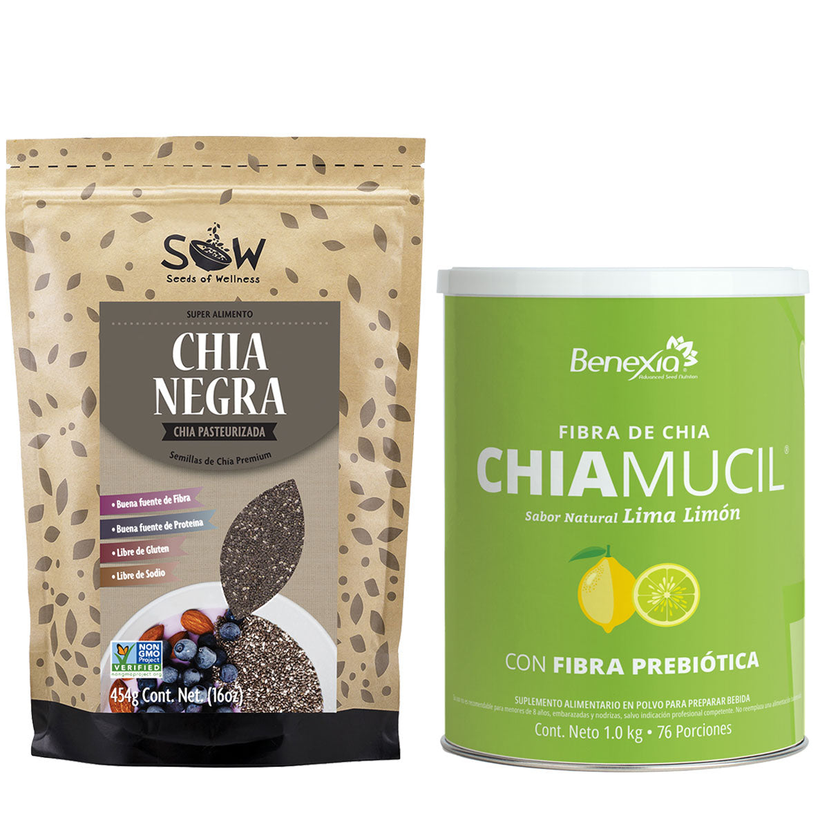 Bolsa kraft SOW Chia Negra 454g con semillas, y bote verde ChiaMucil Lima Limón 1kg con rodajas de limón.